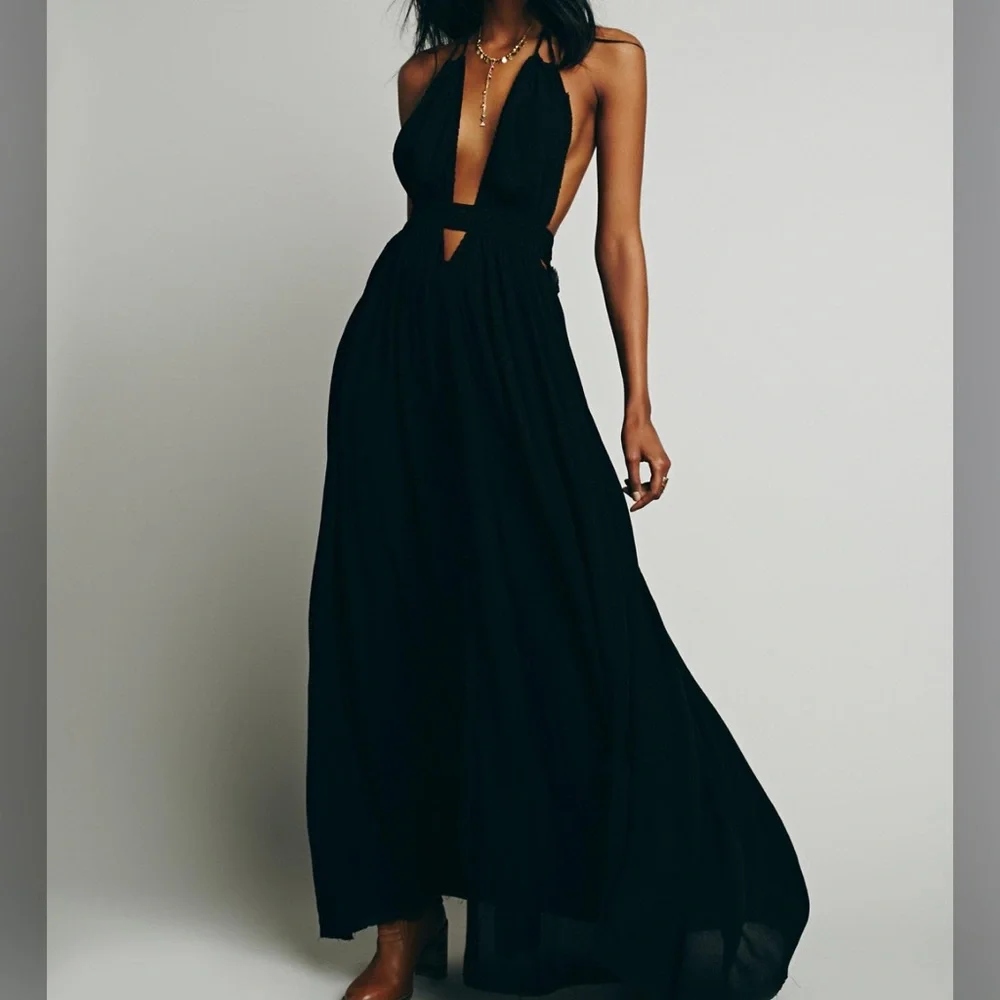 Free People Endless Summer Look Into the Sun Cutouts Maxi Dress Black - Picture 1 of 9